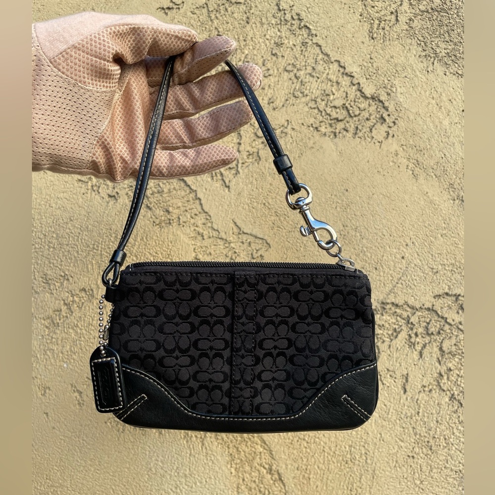 Coach Black Signature mini cc Canvas Wristlet with smooth Leather Trim